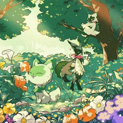Sprigatito, Floragato, and Meowscarada (playmat)